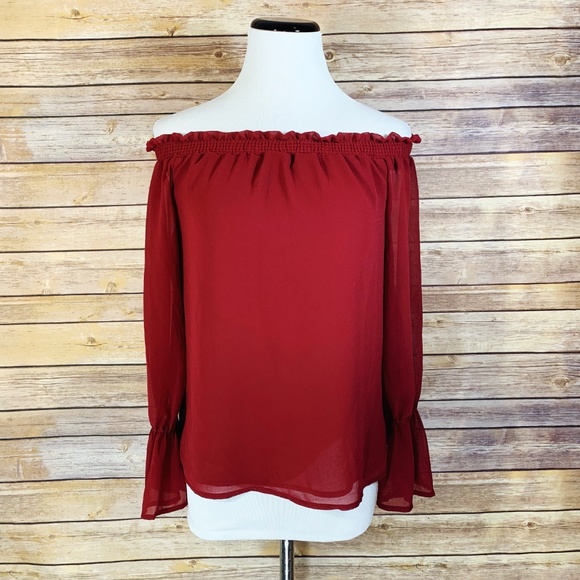 Wayf Tops - Wayf Red Off Shoulder Bell Long Sleeve Blouse